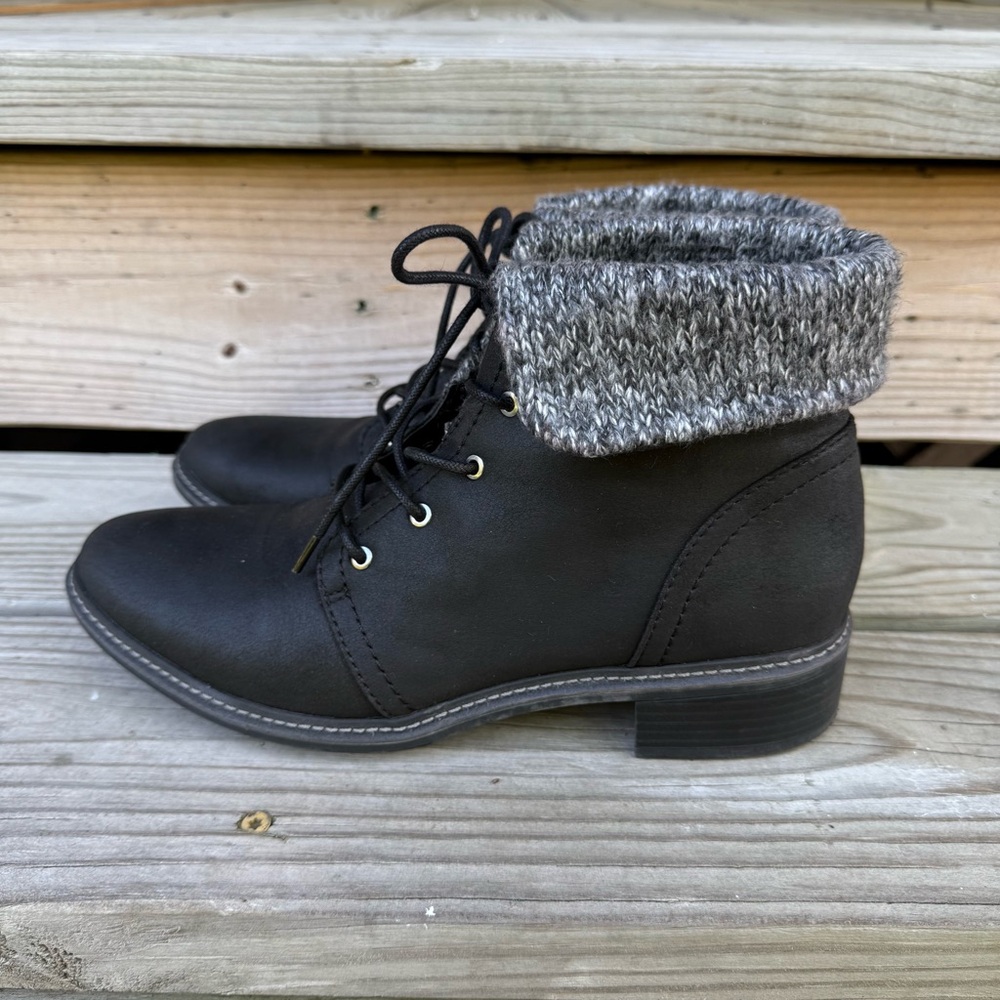 Cliffs Elinor Black Ankle Boots Knit Cuff Lace Up Faux Leather Hiking Gorpcore 9